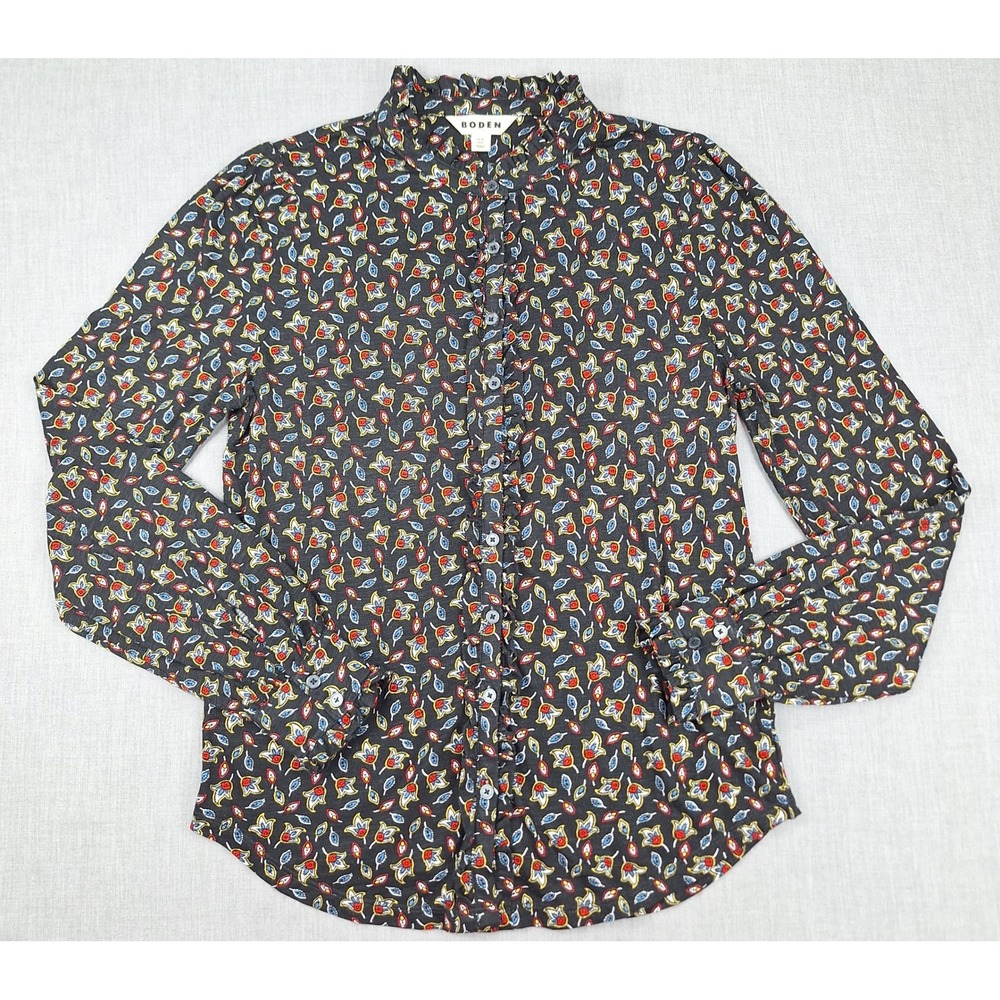 Boden Black Paisley Ruffle Collar Button Down Blouse Top US 6 Cotton Tencel
